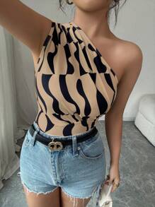 Selianne Summer New Arrival Women Top With Sexy Asymmetrical Neck, Ruffle & Asymmetrical Geometric Print - Khaki - View 4