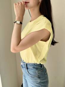 DAZY Camiseta de verano de mujer de unicolor, de cuello redondo y mangas cortas, de uso versátil y casual