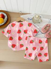 SHEIN Happikins Young Girl Cute Strawberry Flower Print Casual Loose Round Neck Short Sleeve T-Shirt And Tight Shorts 2 Pieces Set, Suitable For Summer, Chill Chill - Multicolor - View 2