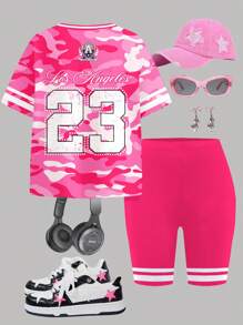 休闲少女宽松迷彩 & 数字 23 图案 T 恤和骑行短裤套装，粉色，街头风格，夏季
