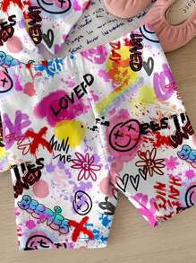 可爱酷炫的涂鸦脸印花，休闲简约宽松圆领短袖T恤和紧身自行车短裤套装，适合春夏季，酷炫服装系列，夏季服装，海滩模式，Bikercore - 彩色 - 查看 5