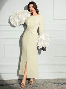 Modelyn Women's Solid Color Gathered Elegant Long Sleeve Dress - Yellow - View 4