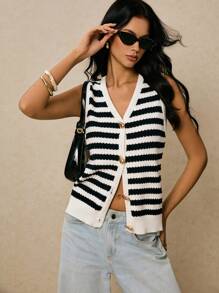 Poéselle Women's Striped Print V-Neck Sleeveless Casual Summer Knit Vest In Fall/Winter - Black and White - View 5