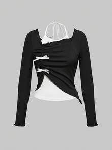 ROMWE 2 In 1 Halter Neck Long Sleeve Cute Splicing T-Shirt - Black - View 1