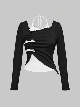 2 In 1 Halter Neck Long Sleeve Cute Splicing T-Shirt