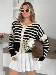 EURMUSE 女士黑白休闲毛衣 - 黑與白 - 查看 3