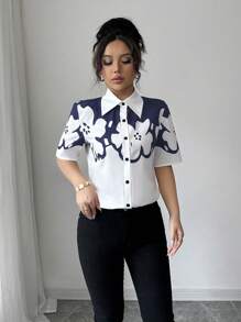 Elenzga Floral Patterned Short Sleeve Contrast Color Stylish Design Cinched Waist Long Length Slimming Versatile Sexy Casual Holiday Shirt For Women, Spring/Summer