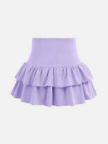 SHEIN Niña preadolescente Falda mini de unicolor de punto con volantes y shorts incorporados, Moda Y2K, Chica elegante, Vuelta al colegio - Púrpura malva - Ver 2