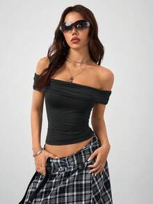 Coolane 女士秋冬Y2K复古90年代音乐节派对弹力舒适褶皱灰色修身露肩百褶上衣 - 深灰色 - 查看 5