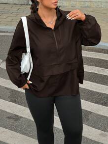 SHEIN EZwear Plus Size Solid Color Hooded Zipper Pocket Casual Long Sleeve Jacket Winter Fall Autumn - Brown - View 5