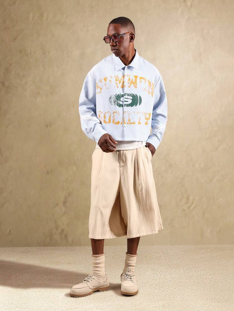 Retro Varsity Stripe Seersucker Long Sleeve Button Down Shirt