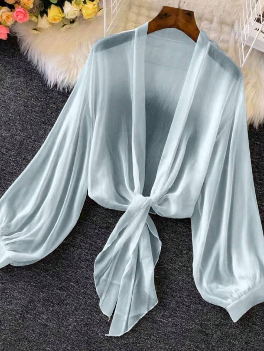 Plus Size Women Thin Lantern Sleeve Tie-Wrap Loose Cardigan Blouse, Summer Winter Fall Autumn - Blue - View 1