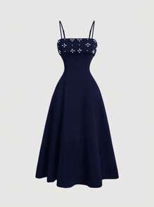 Girlism 少女针织/圣诞节/派对/节日/仿珍珠串珠吊带背心裙，返校裙，返校装，秋季连衣裙，连衣裙 - 藏蓝色 - 查看 4