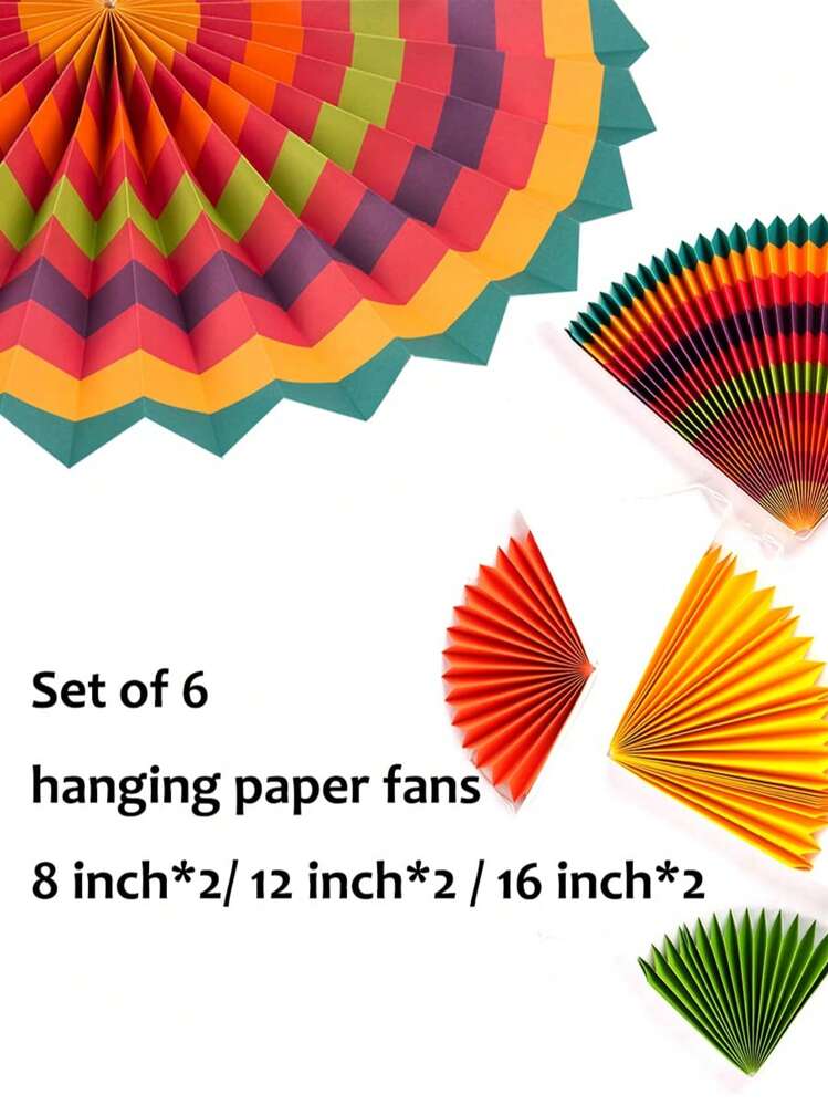 SHEIN 6 件悬挂纸扇派对装饰狂欢派对用品，5 月 5 日狂欢节墨西哥塔可星期二鲜艳彩色派对生日派对照片道具，多色 - 彩色 - 查看 3