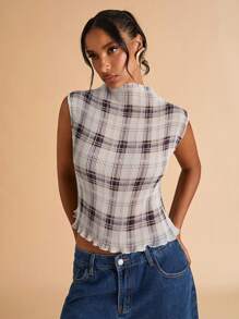 SHEIN BAE Blusa senza maniche con motivo a quadri marroni plissettata, semplice e casual, adatta per aeroporto, uscite, casual business, lavoro, stile Y2K, ritorno a scuola, autunno