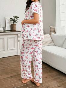 SHEIN Post Partum Lounge Set Romantic Printed Milk Silk Contrast Lace Comfortable Maternity Pajamas