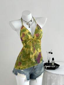 SHEIN Unity 女式花卉印花荷叶边挂脖休闲背心 - 彩色 - 查看 4