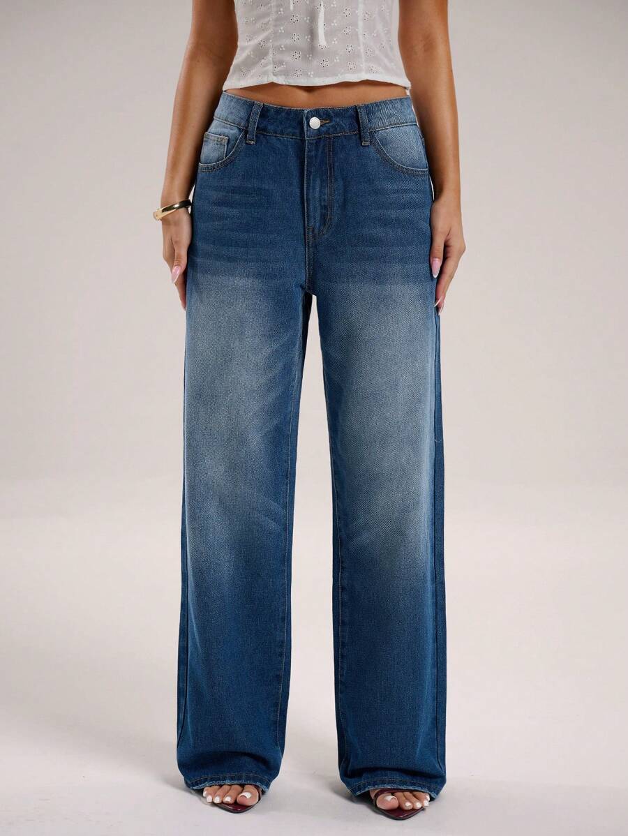 SHEIN BAE 女士休闲时尚日常街头纽扣口袋牛仔裤 - 深色水洗藍 - 查看 1