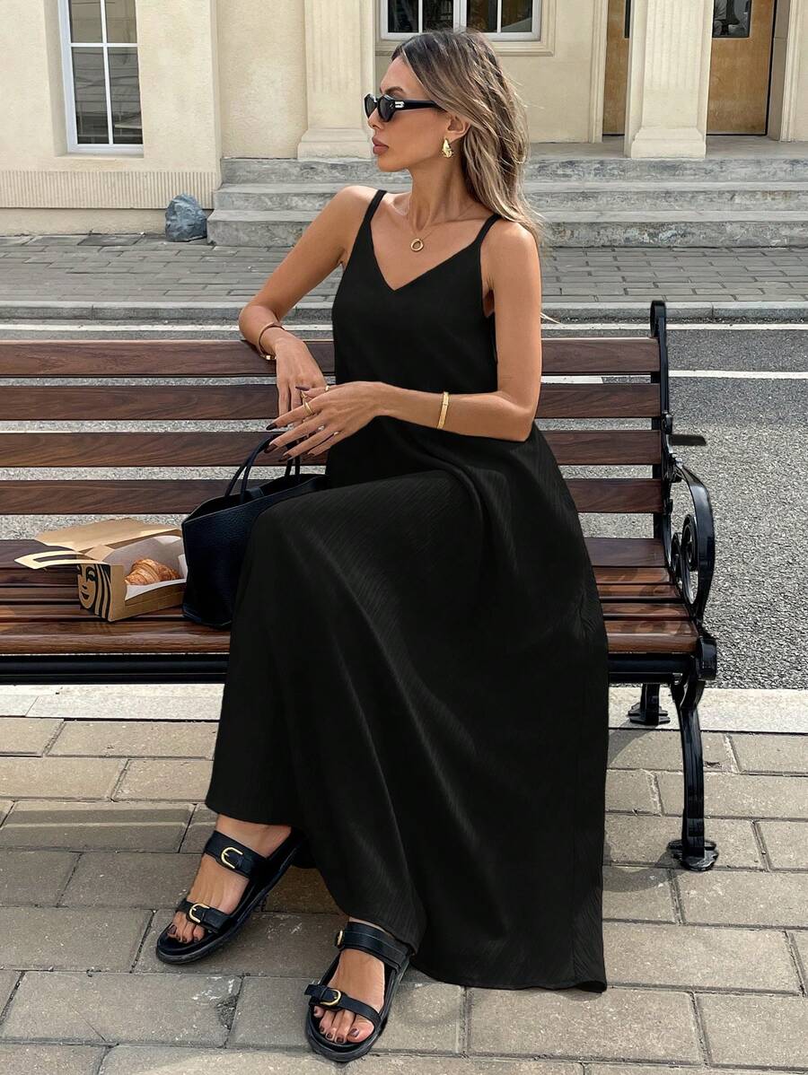 Serisse 女士纯色无袖连衣裙，夏季休闲 - 黑色 - 查看 1