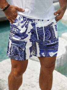 Surfspeed Men's Summer Vacation Paisley Print Drawstring Waist Slant Pocket Beach Shorts - Blue - View 5
