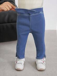 SHEIN 女婴不对称腰线休闲日常牛仔裤 - 中等水洗藍 - 查看 1