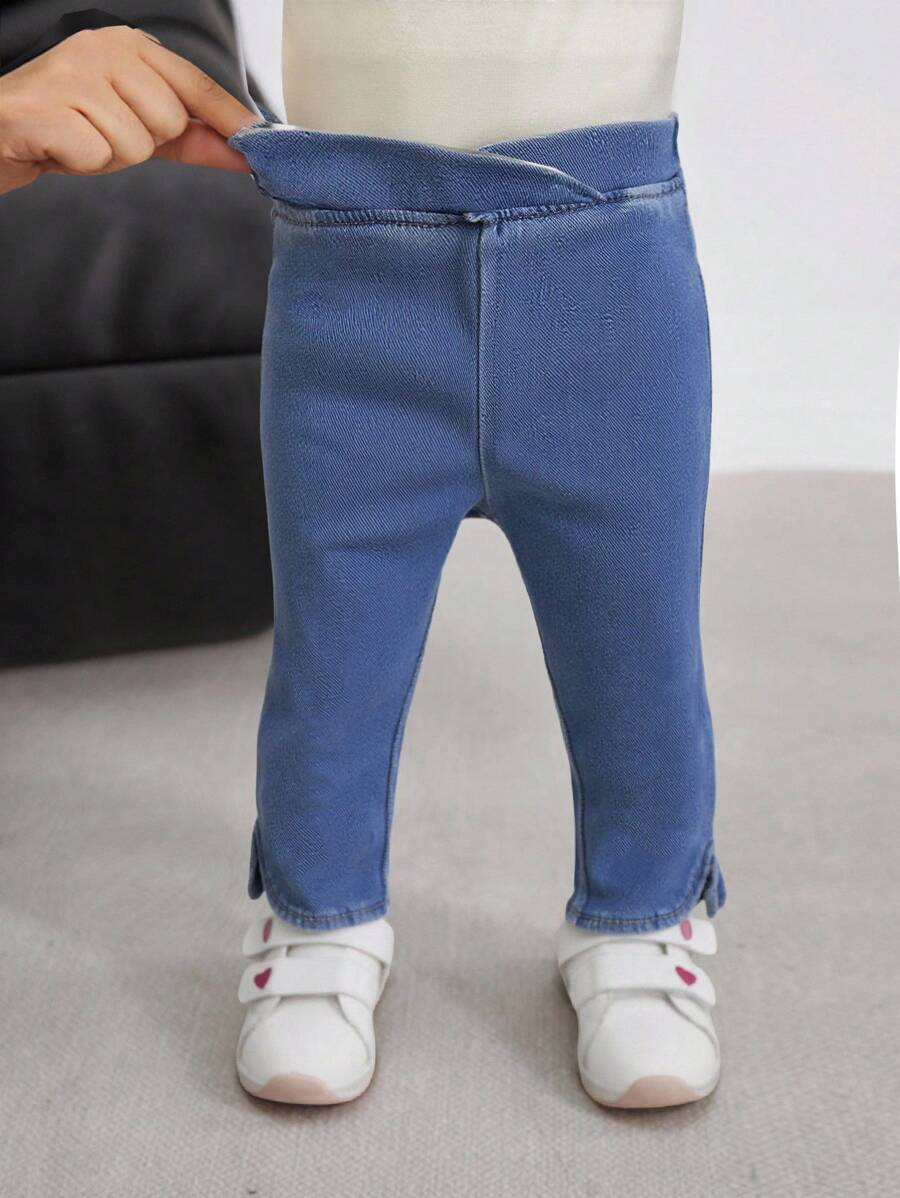 SHEIN 女婴不对称腰线休闲日常牛仔裤 - 中等水洗藍 - 查看 1