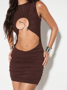 KIZN 无袖迷你连衣裙，圆形五金细节镂空褶饰俱乐部派对晚会现代时尚宣言紧身秋冬