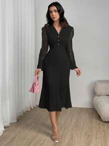 Modelyn Elegantes figurbetontes Kleid mit einfarbiger Knopfleiste, Meshstoff-Einsätzen und Langarm