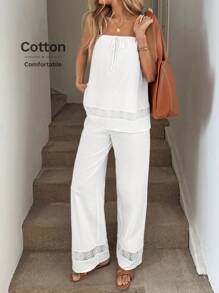 Easowa Casual Old Money Style Women Airport Outfit For Women 2pcs/Set Women Lace Patchwork Cotton Cami Top And Pants Set, Spring/Summer Boho Women Clothing