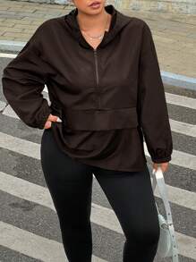 SHEIN EZwear Plus Size Solid Color Hooded Zipper Pocket Casual Long Sleeve Jacket Winter Fall Autumn - Brown - View 4