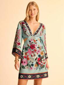 CAJUNI Đầm ngắn hở lưng cổ chữ V in họa tiết hoa nhiệt đới Boho dành cho nữ - Nhiều màu - Xem 8