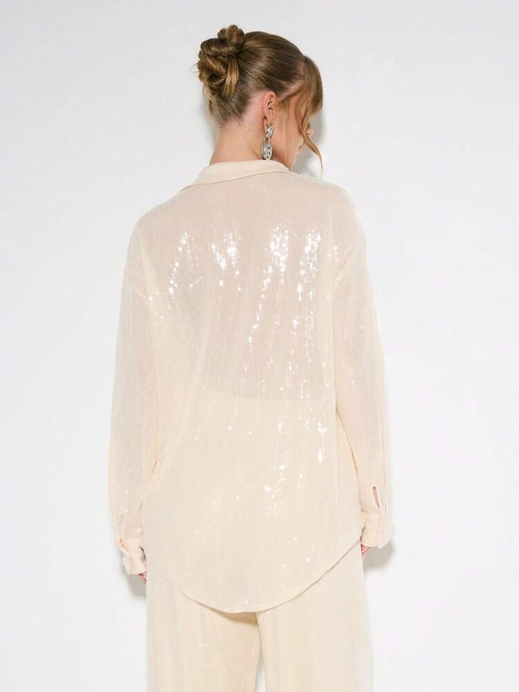 KIZN Elegant Sequin Button Down Shimmering Sparkle Blouse