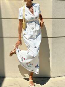 SHEIN Frenchy Women All White Floral Print Short Sleeve Top And Mini Skirt Casual Two Pieces Set White Floral Dress Women White Midi Dress Summer Midi Dress White Summer Dress Embroidered Floral Dress