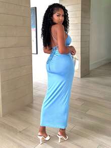 Alexandranx Ladies' Plain And Simple Cross Strap Daily Wear Dress Maxi Women Outfit - Blue - View 6