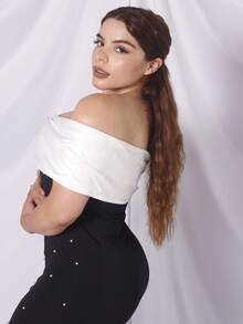 Lupita Cardoza 女士撞色露肩珍珠装饰紧身优雅连衣裙 - 黑色 - 查看 3