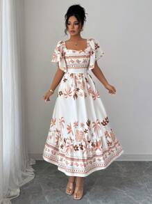 Modelyn Đầm midi tay ngắn in kỹ thuật số cạp chun eo cho nữ - Nhiều màu - Xem 5