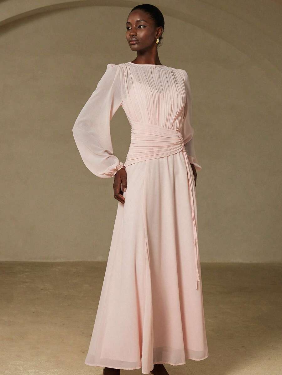 Aveloria Rosie Novo Elegante Vestido Longo de Manga Longa em Estilo Francês Refinado, Cor Sólida, Chiffon, Decote Redondo, Pregas, Cordão na Cintura, Bainha Assimétrica - Rosa chiclete - Visão 1