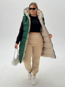 SHEIN Cottnline Plus Size Zip Up Drawstring Hooded Puffer Vest Coat - Green - View 5