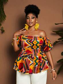 Maweii Plus Size Dropped Shoulder Puff Sleeve Shirt, African Floral Print Summer Fashion Party Wear For Women - Multicolor - View 4