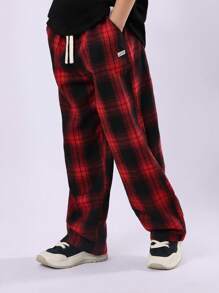 SUMWON Wide Leg Classic Pants Buffalo Check Plaid Pattern Elastic Waist Relaxed Fit Comfortable Fall Winter Wear - Black - View 4