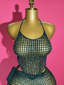 Slaydiva 2025夏季新款，适合生日派对、日常出行、休闲度假、邮轮旅行、海滩、海边、日光浴等场合，基础百搭，线上热销单品，露背吊带，性感露背紧身裤，短款不对称下摆上衣和不对称侧边吊带裙，透视纹理，闪亮亮片，夏季毛衣套装，秋冬女士毛衣套装