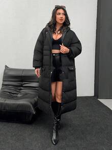 EURMUSE Long Padded Coat Keeping Warm With Big Two Pockets - Black - View 3