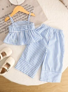Baby Girls Stripe Strap Top With Ruffle Detail And Wide Leg Pants Set, Casual Yet Fashionable Suit