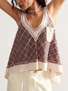 Bohemela Casual Woven Plaid V-Neck Loose Women Top