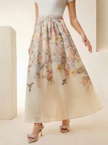 Anewsta Elegant & Intellectual Women's Chiffon Digital Placement Print Flared Mid-Length Skirt, Spring/Summer - Apricot - View 5