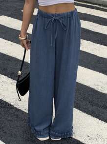 Livesso Women's Summer Frill Trim Drawstring Waist Loose Casual Pants - Blue - View 3