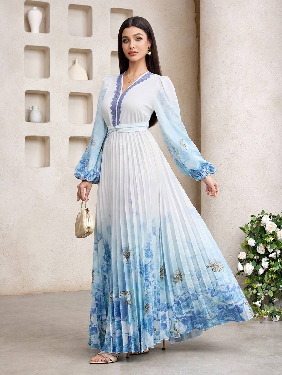 Veilorie 女士花卉印花褶皱优雅长袖阿拉伯风格连衣裙 - 藍白色 - 查看 1