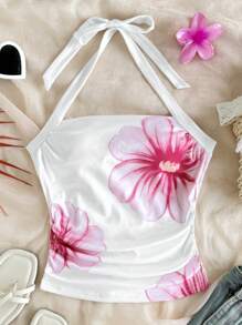 女童花卉印花挂脖蝴蝶结后背休闲吊带背心 - 白色 - 查看 1