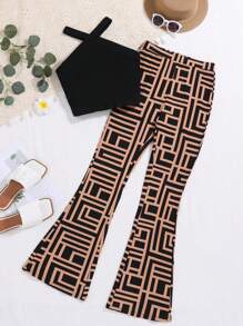 SHEIN Teen Girls Halter Top & Geo Print Flare Leg Pants