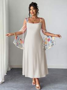 Elenzga Váy chữ A cổ vuông kiểu Pháp thanh lịch dành cho nữ, váy lưới thêu chắp vá bó sát - Màu be - Xem 6